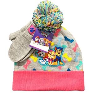 Paw Patrol Toddler Girls Hat & Mitten Set Size 2T-5T Pink Gray Soft & Comfortabl
